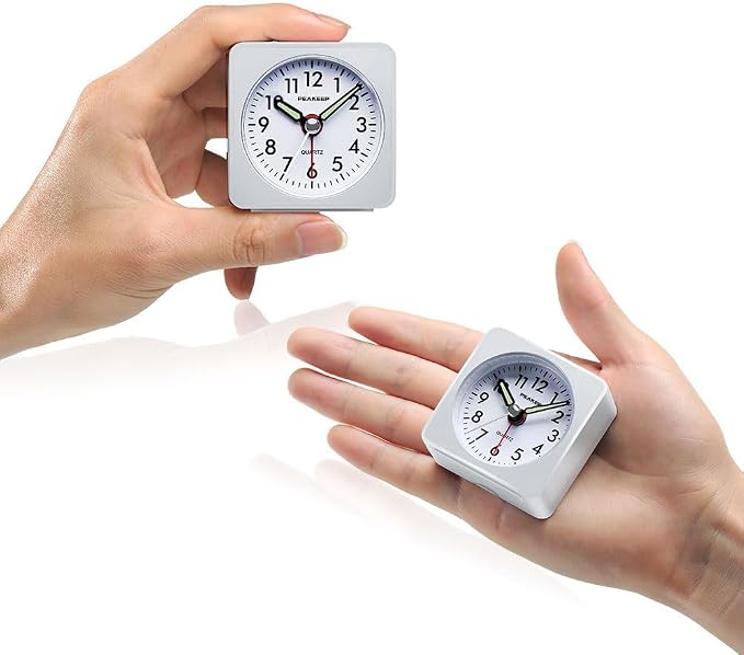 Peakeep Ultra Small, Battery Travel Alarm Clock with Snooze and Light | Silent No Ticking Analog Quartz Clock (White)