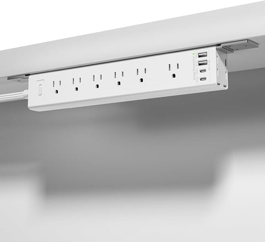 360° Mountable Surge Protector Power Strip with 4 USB Ports (2 USB C), 6 FT Electrical Outlet & Flat Plug Extension Cord for Under Desk, Wall, or Corner Mount (White)