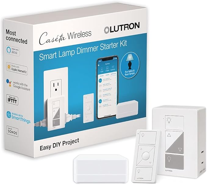 Lutron Caseta Smart Plug Start Kit for Lamps, Plug-in Lamp Dimmer Switch with Smart Bridge and Pico Remote, Compatible with Alexa, Apple HomeKit, and The Google Assistant, P-BDG-PKG1P, White