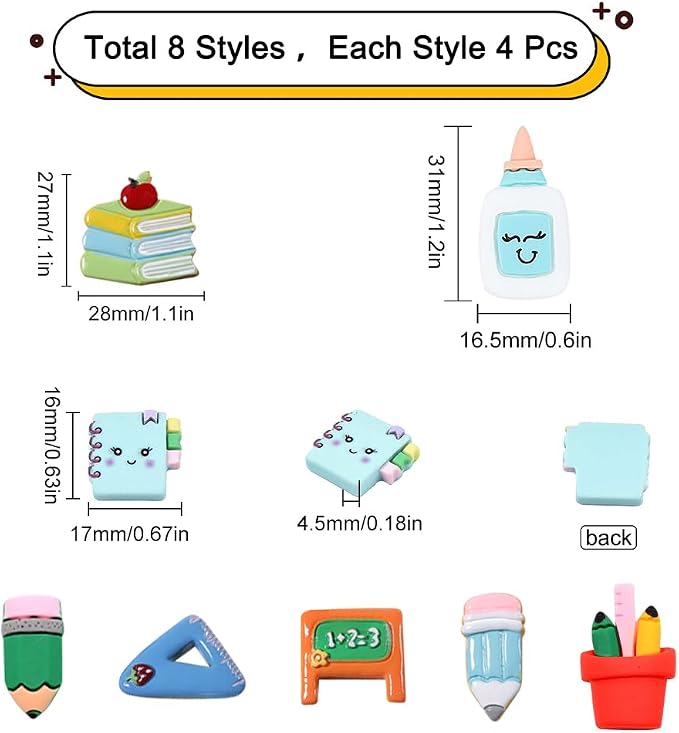 SUNNYCLUE Resin Cabochons Back to School Resin Charms Teacher School Themed Resin Charms No Hole Flat Back Brush Pencil Eraser Ruler Notebook Shape Colorful Cabochon for Hair Clips DIY Crafts