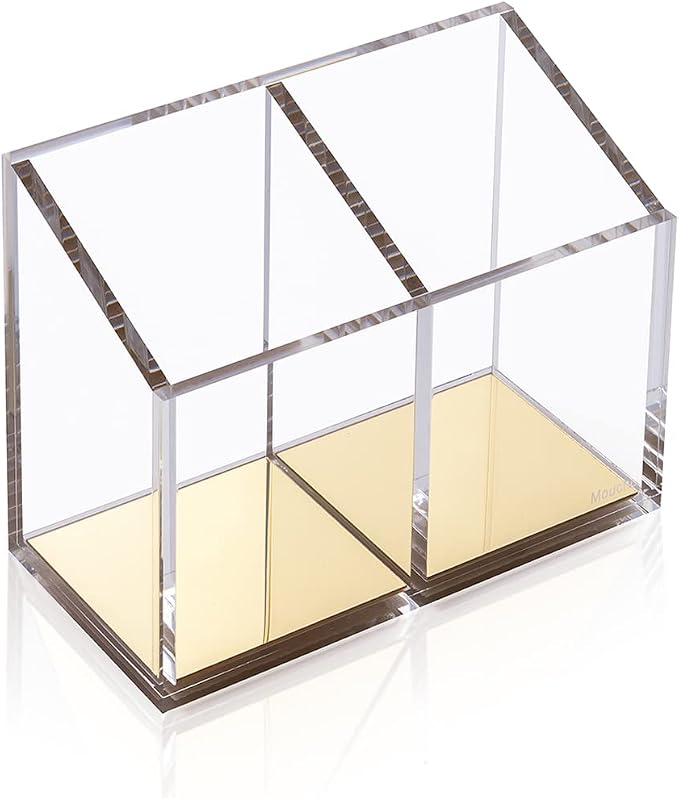 Mouchoi Modern Acrylic Pen Holder with 2 Compartments Gold Base, Multifunctional Pencil Holder for Desk Gold Mirror, Makeup Brush Holder, Marker Holder for Office, Classroom, Home