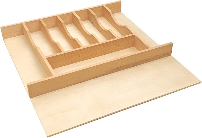 Silverware Drawer Organizer - Trim-to-Fit with Adjustable Dividers for Kitchen Utensil Storage, Beech Wood Frame with 11 Sizes (20.63" W x 22" D)