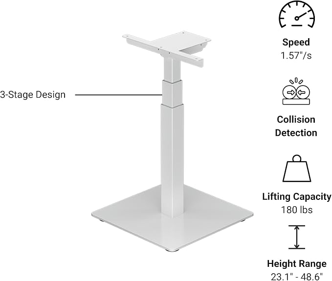 PROGRESSIVE AUTOMATIONS Height Adjustable Single Desk Frame - DIY Small Electric Standing Desk Bar Table Lift, 25.5" Stroke, 180 lbs Force, FLT-01 White