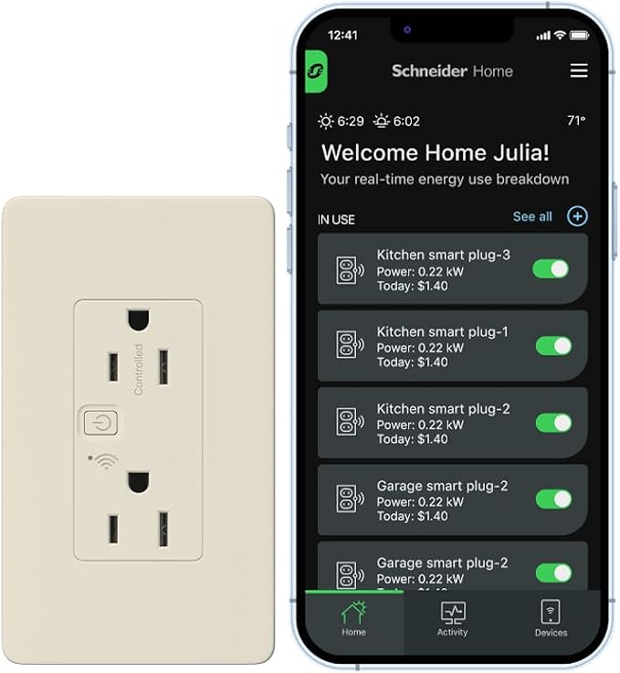 Square D by Schneider Electric X Series 15A 125V Wi-Fi Energy Monitoring Socket Outlet, Tamper Resistant, Matter Certified, Works with Alexa, Google Home, Apple Home, Matte Light Almond