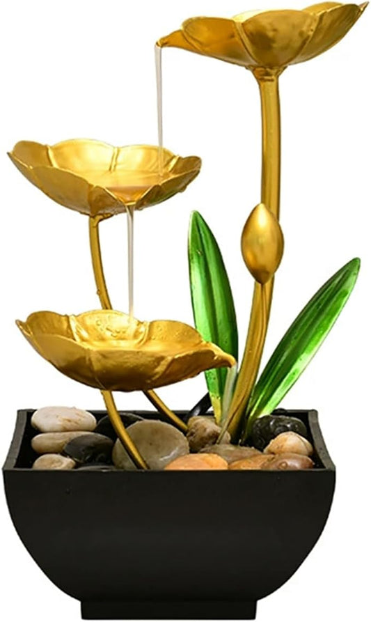 Gold Tabletop Water Fountain, Spring Decor Desktop Waterfall, Indoor Lotus Desktop Decorative Fountain, Home Bathroom Bedroom Decor.
