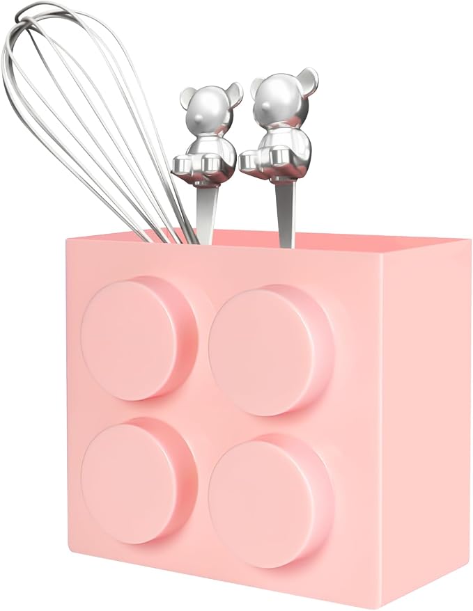 Magnetic Basket Organizer for Fridge - Lego-Style ABS Plastic Storage Box,No Drill Design for Kitchen Counter, Microwave & Whiteboard, Holds Up to 3.5 lbs(Pink)