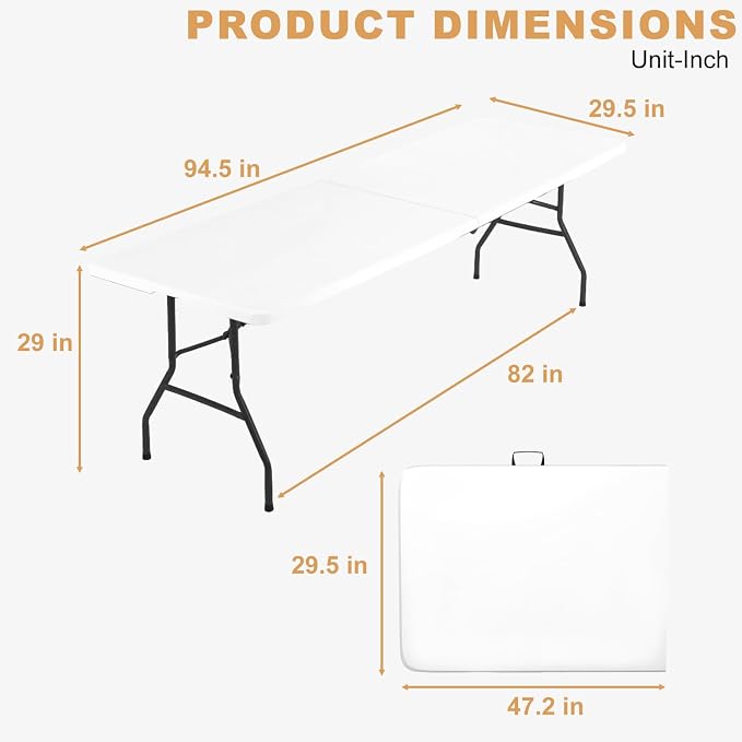 FDW 8FT Plastic Folding Table, Portable with Carrying Handle Perfect for Indoor, Outdoor, Party, Dining, Wedding, Events, Camping, White
