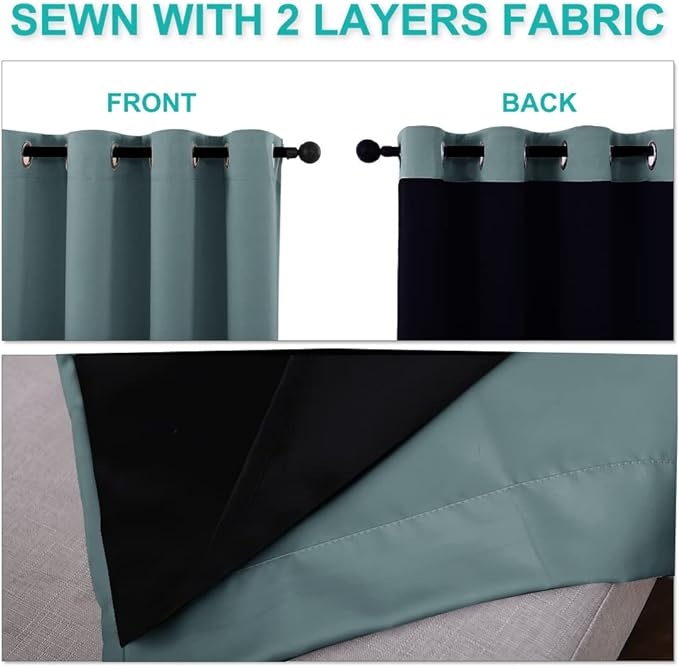NICETOWN 100% Blackout Curtains 54 inches Long, Double-Deck Completely Blackout Window Treatment Thermal Insulated Lined Drapes for Small Window (Aqua, 1 Pair, 52 inches Width Each Panel)