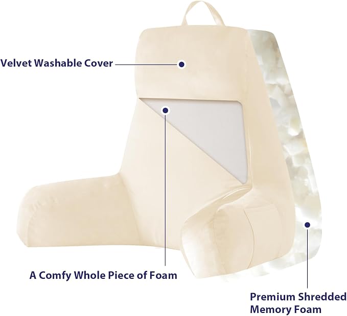 IPYNBAP Back Pillow for Bed Sitting up, Reading Pillow for Sitting in Bed Adult, Back Support Pillow, Memory Foam Sit up Lounge Backrest Pillow with Arms for TV, Couch, Chair, Dorm, 24 Inch, Beige