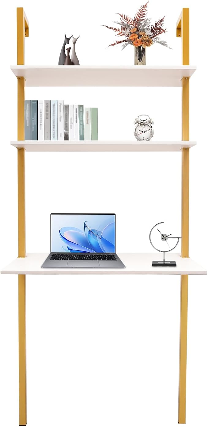 3-Shelf Industrial Wall Mount Ladder Desk, Small Computer or Writing Desk Gold and White for Homes Office School Small Spaces (30"x20"x73")