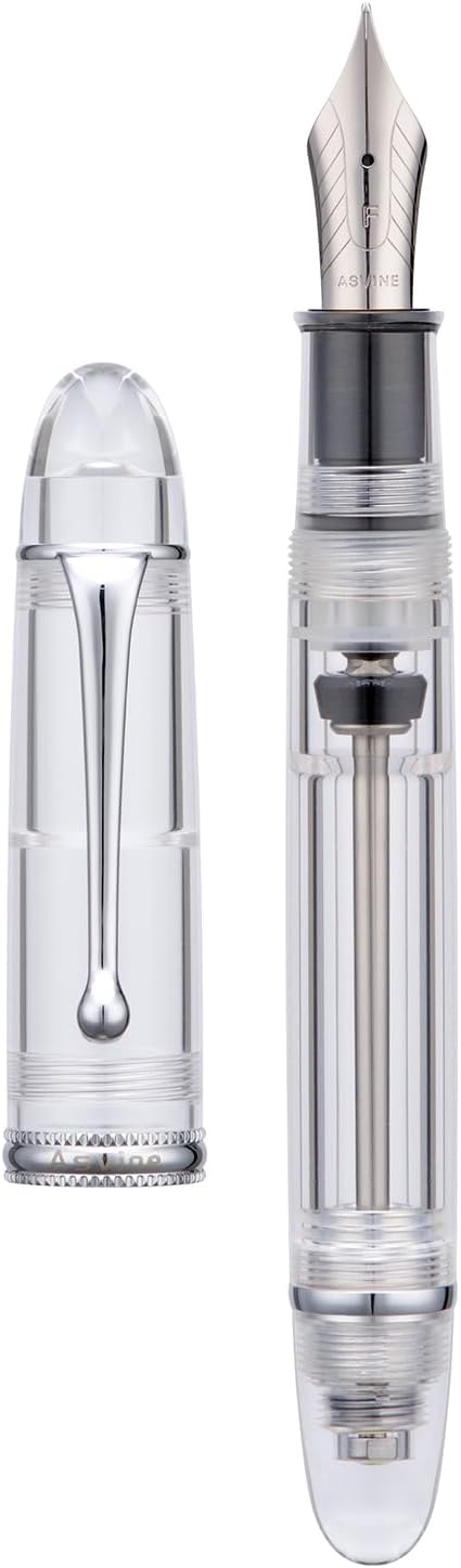 Asvine V800 Fountain Pen - Vacuum Filling System with Large Ink Capacity - Smooth Number 8 Fine Nib with Gift Case and Wrench - Clear Silver Acrylic