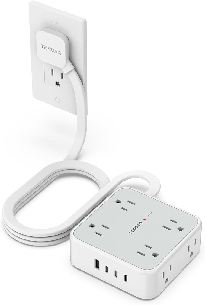 TESSAN Surge Protector Power Strip, 5 Ft Flat Plug Extension Cord with 4 USB (3 USB C) 8 Outlets, 1875W, 900J Protection, 3 Sided Outlet Extender with Power Switch for Office, Dorm Room, Grey