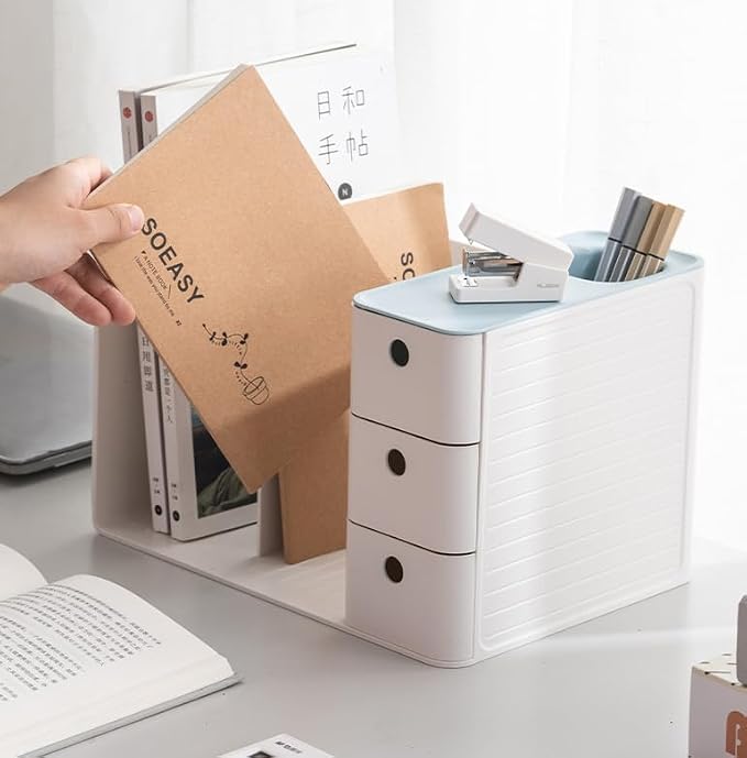 White Plastic Desktop Organizer with File Holder,3-tier Drawers with Pen Holder,Book Stand for Office Supplies and Desk Accessories (White+Blue)