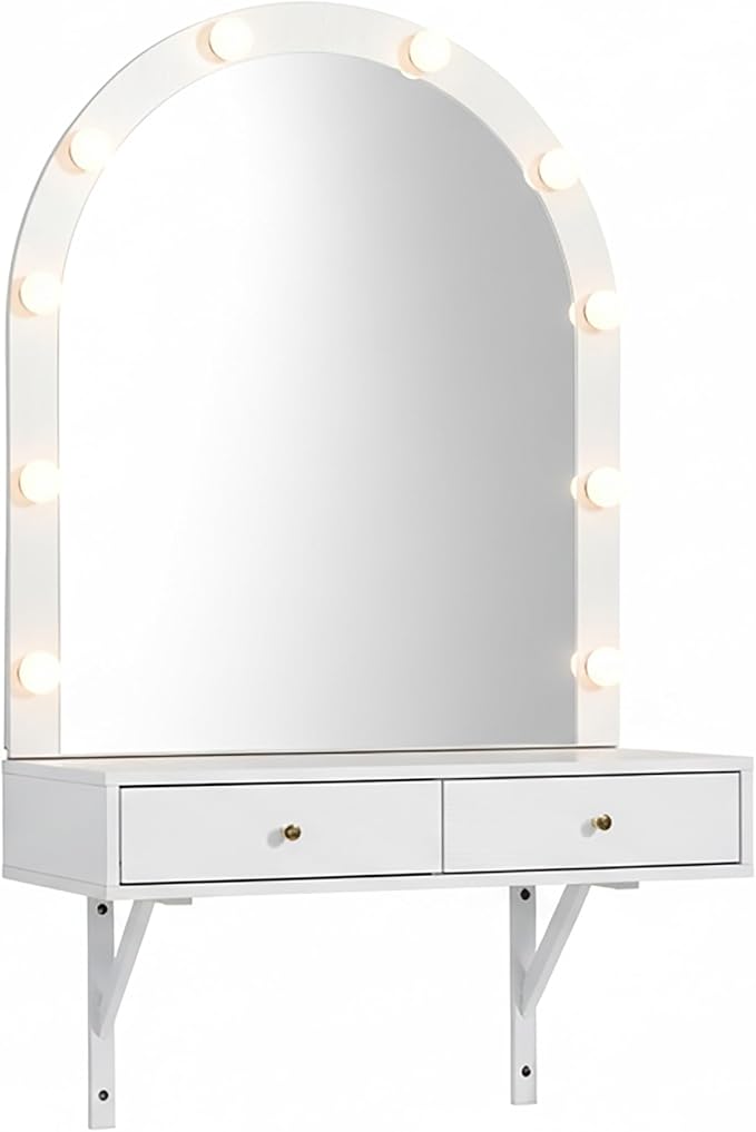 Merax White Floating Vanity Desk Vanity Mirror with Lights, 3 Color Adjustable, 2 Storage Drawers & Charging Station, Wall-Mounted Makeup Vanity Shelf for Bedroom Hairdressers, 31" D x 54" H