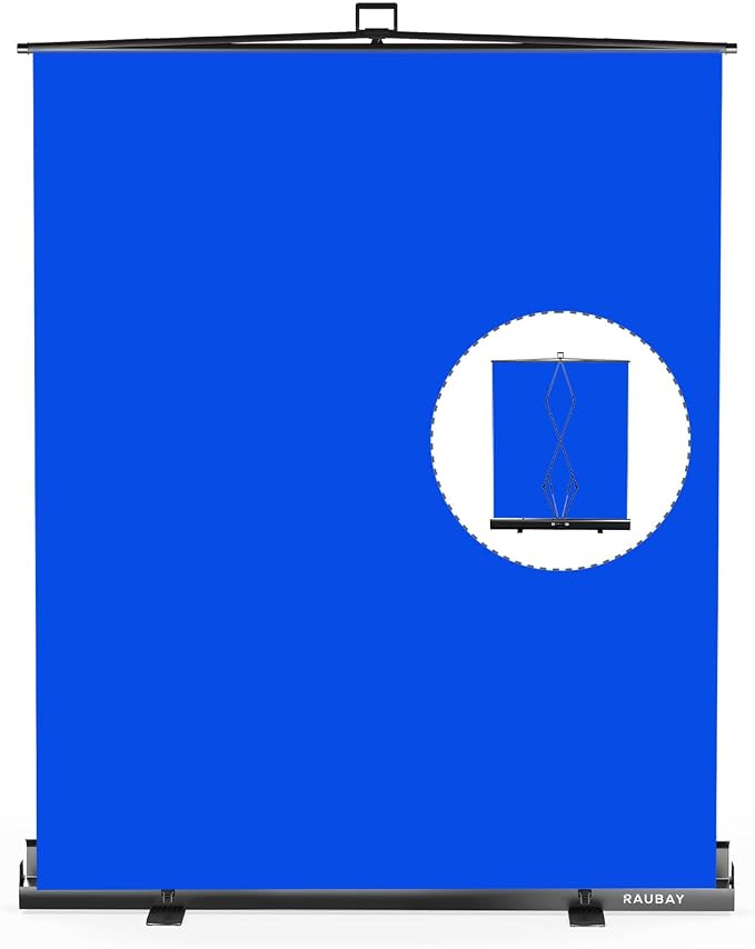 【Easy Set Up】 RAUBAY 59.8 x 82.7in Collapsible Blue Screen Backdrop Portable Retractable Chroma Key Panel Photo Background with Stand for Video Conference, Photographic Studio, Streaming