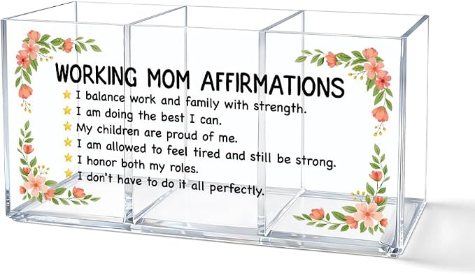 Working Mom Affirmations Acrylic Pen Makeup Brush Holder 3 Compartments, Working Mom Clear Desktop Organizer for Office School Home, Work Desk Accessories Gifts for Mother Coworkers Boss