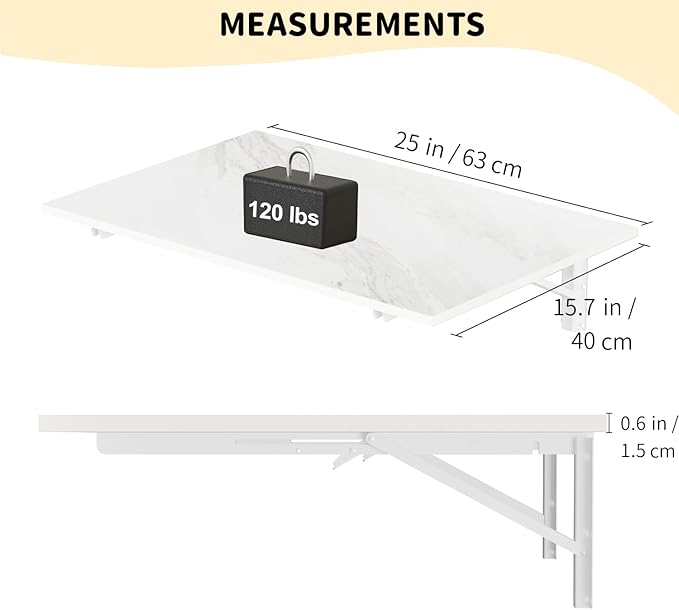 GOYLSER Wall Mounted Table Fold Down Workbench Length 25" Width 15.7", White Marble Laundry Floating Desk for the Garage/Shed/Office/Bar/Home Kitchen & Dining Room
