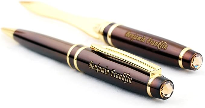 Custom Engraved Executive Pen Gift Set – Personalized Brass Ballpoint Pen with Matching Paper Tool – Elegant Gift Box (Brown)