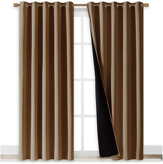 NICETOWN Full Shade Curtain Panels, 62 x 84 inch, Gold Brown, Pair of Energy Smart & Noise Blocking Out Blackout Drapes for Dining Room Window, Thermal Insulated Guest Room Lined Window Dressing