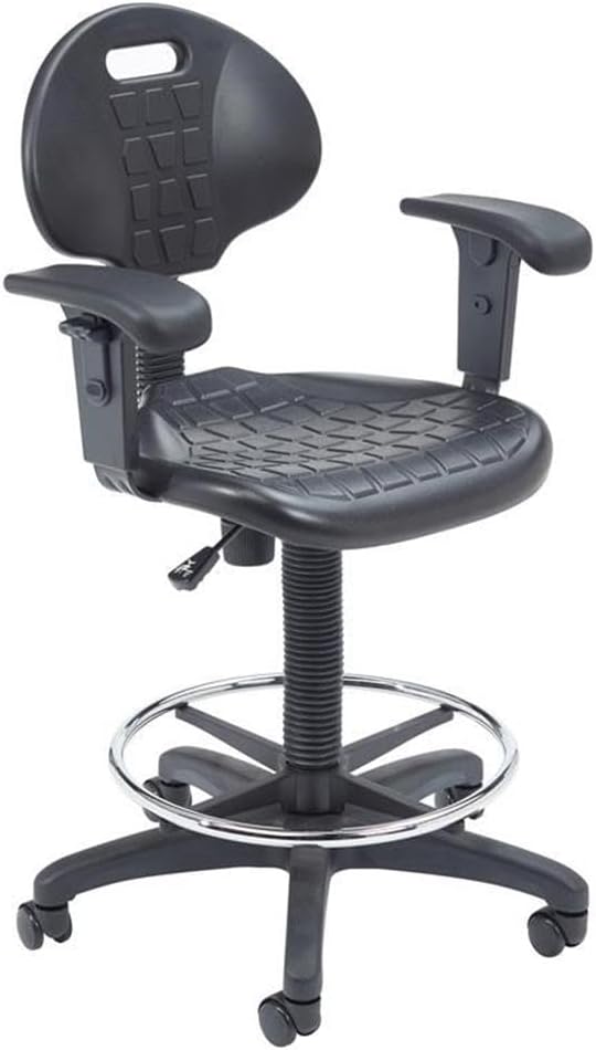Pemberly Row Modern Polyurethane Task Chair with Arms, Adjustable 22-32 in Height, Black Finish, Heavy Duty Steel Frame, Waterfall Seat, Ribbed Design, Home Office or Industrial Desk Chair