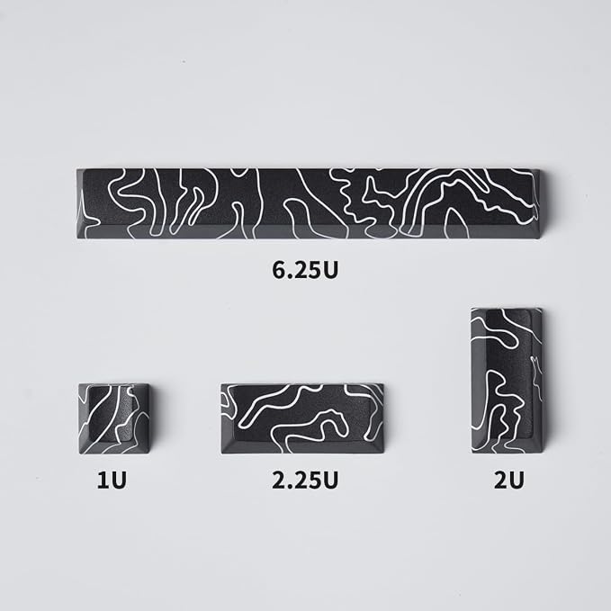 4pcs Keycaps, Black Topographic KeycapsPBT Keycap Cherry Profile Dye-Sublimation Space Bar 6.25U ESC Enter Custom Keycap Set for Mechanical Keyboard Caps Desktop Computer Keyboards