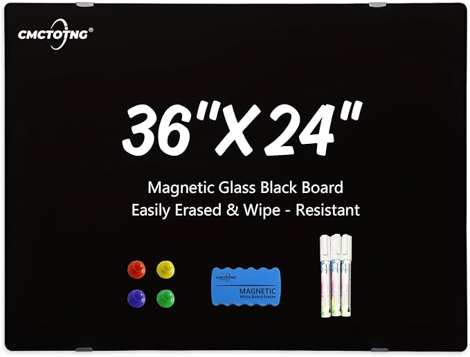 Magnetic Glass Blackboard - Glass Dry Erase Board 36"x24" Large Frameless Board for Walls Office School and Home,Black