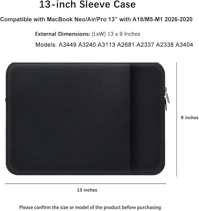 Laptop Sleeve for MacBook Neo/Air/Pro 13 inches A18/M5/M4/M3/M2/M1 Chip 2026-2020 A3404 A3449 A3240 with 2 Pockets Tablet Bag Case Accessories