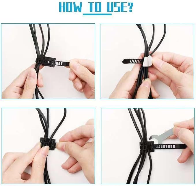70 Packs Black Adhesive Cable Clips, Adjustable Reusable Zip Ties with Screw Mount, Self Adhesive Cable Management Organizer for Home Office Desk
