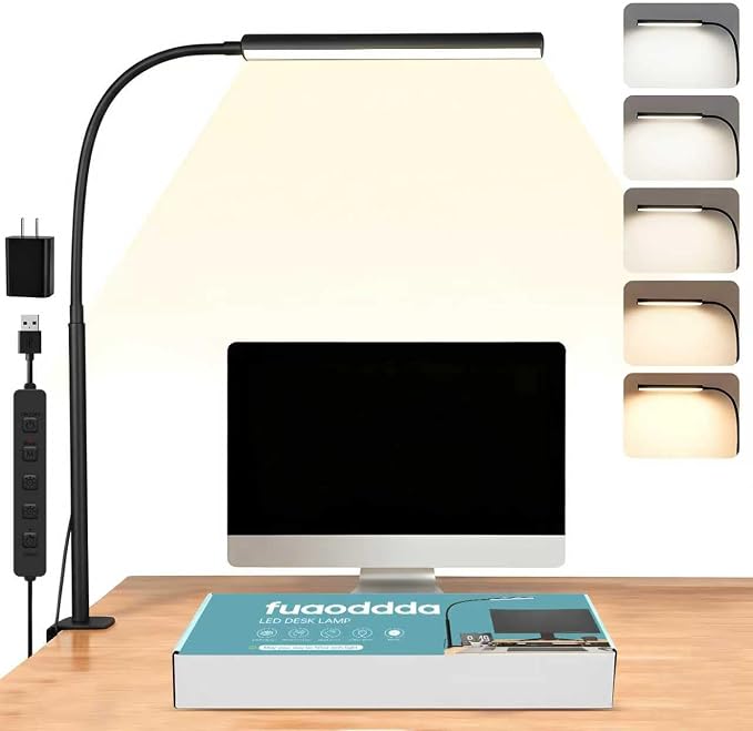 LED Desk Lamp with Clamp, 5 Color Modes & 10 Brightness Levels, Eye-Caring Desk Light, Flexible Gooseneck, Memory Function, Adapter Included for Home Office, Reading & Study