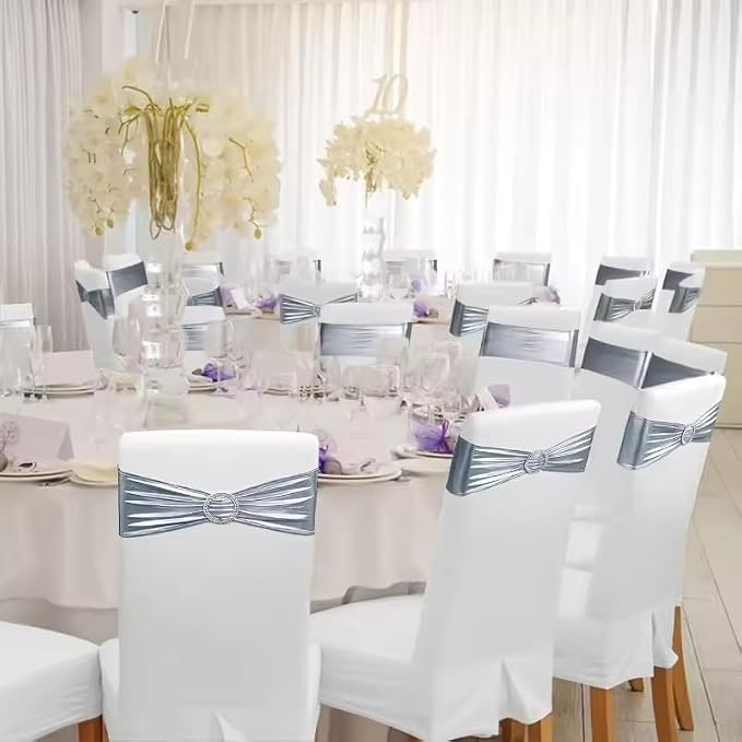 Tvoip 10PCS Chair Cover Stretch Band with Buckle Slider Sashes Bow Wedding Banquet Chair Decoration (Metallic Silver)