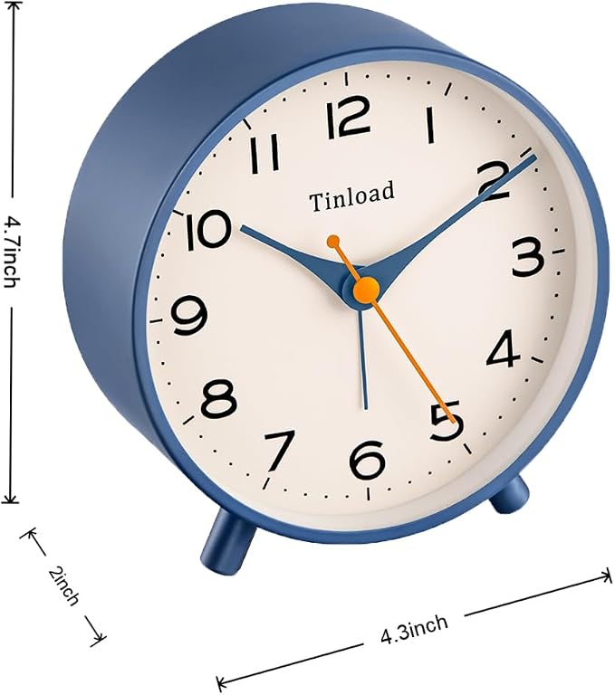 Tinload 4.5" Antique Retro Analog Alarm Clock, Small Silent Bedside Desk Clock,Lighted on Demand, Battery Operated, Snooze, for Living Room, Bedroom, Bedside(Blue)