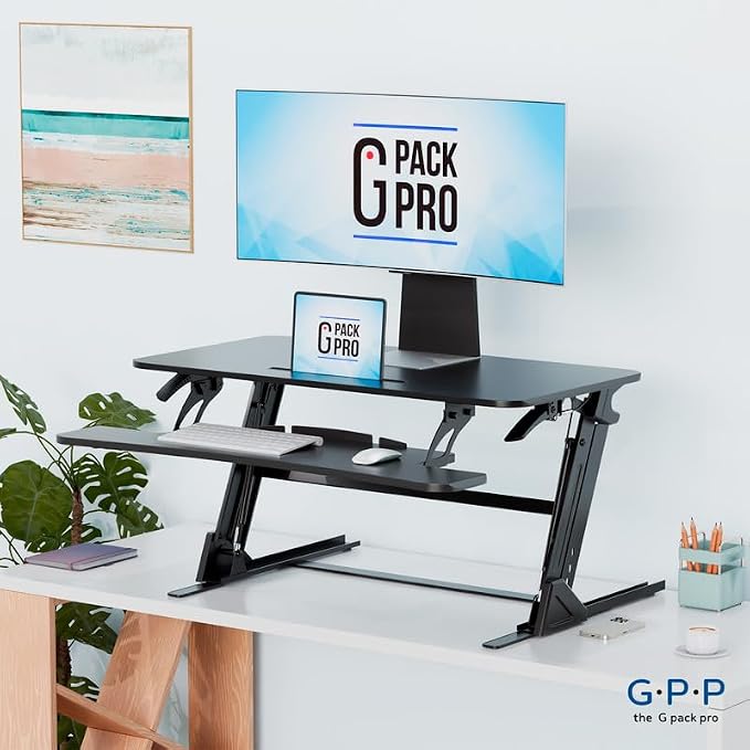 Standing Desk Converter 38 Inch, Height Adjustable to 17.3 Inches | Dual Monitor Work Surface With Keyboard Tray, Steel Frame, and Smooth Manual Lift for Home Office Setups