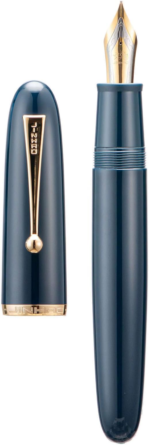 Jinhao 9019 DaDao Series Fountain Pen, Size 8 Medium Nib with Large Ink Converter, Dark Blue Acrylic Design Smooth Writing Pen (Gold Trim)