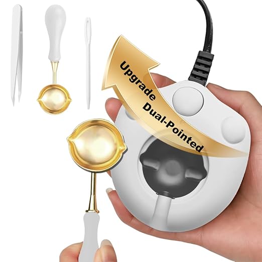 Dual-Spout Electric Wax Seal Warmer White with Spoon Tweezers Stirring for Melting Wax Sealing Beads