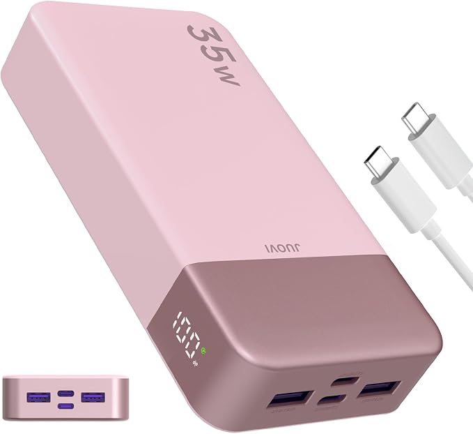 JUOVI J2651 Portable Charger, 35W 20000mAh USB C in & Out Power Bank, Battery Pack with QC4.0+PD3.0 35W High-Speed Charging for Bluetooth Earbud, Mobile Phone, Tablet (Pink)