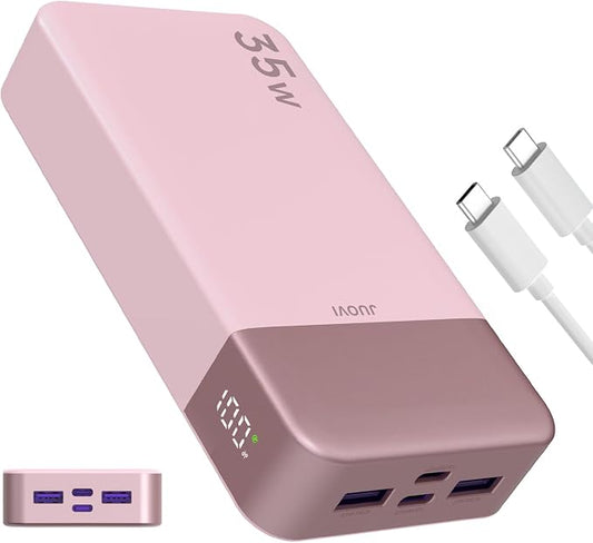JUOVI J2651 Portable Charger, 35W 20000mAh USB C in & Out Power Bank, Battery Pack with QC4.0+PD3.0 35W High-Speed Charging for Bluetooth Earbud, Mobile Phone, Tablet (Pink)