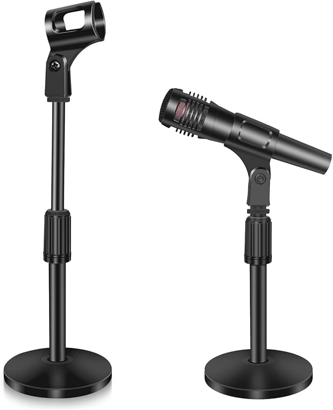 2 Pack Small Microphone Stand Desk, Desktop Mic Stand Adjustable Microphone Holder Lightweight Table Mic Stand with Mic Clip for Blue Yeti Shure Microphone, without Microphone