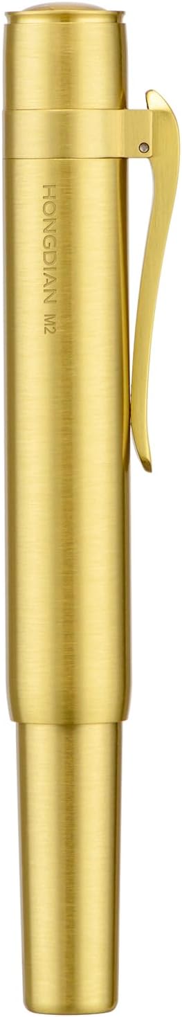 HONG DIAN M2 Black Forest Mini Fountain Pen, Medium Soft Golden Nib & Sleek Shape Brass Short Pocket Travel Pen (Glossy Brass)