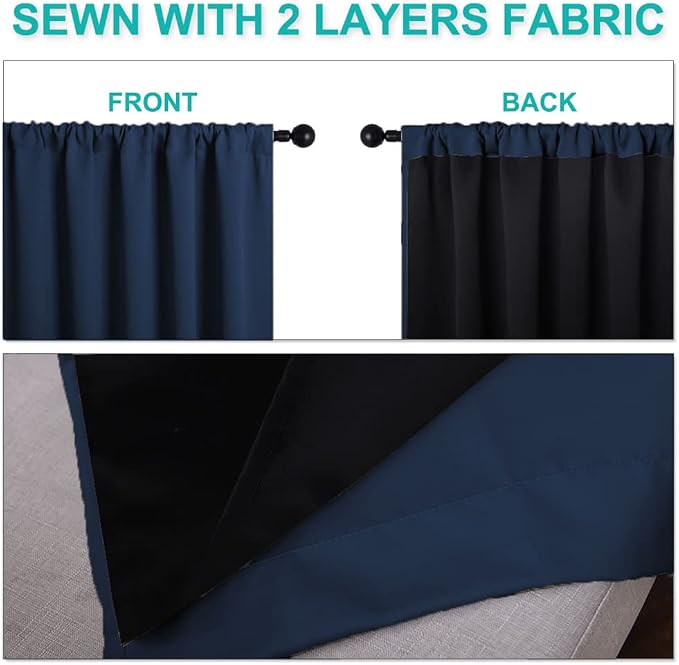 NICETOWN 100% Blackout Curtains with Black Liners, Thermal Insulated 2-Layer Lined Drapes, Energy Efficiency Small Window Draperies for Dining Room (Navy, 2 Panels, 52 inches W by 54 inches L)