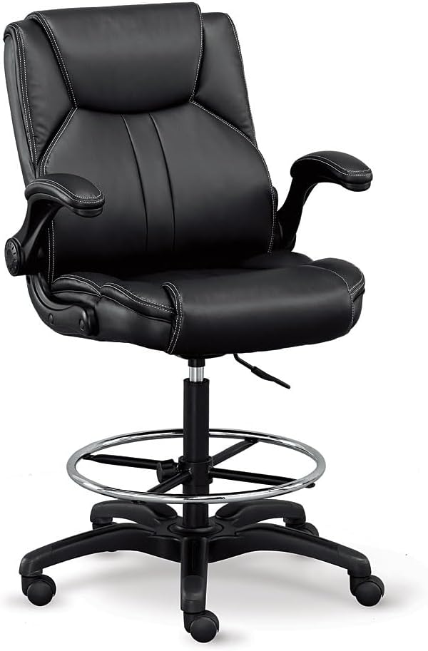 Omega 24/7 Big & Tall Adjustable Stool with Flip Arms in Black Faux Leather, Featuring a Comfortable Foam Seat and Ergonomic Design for Office Use