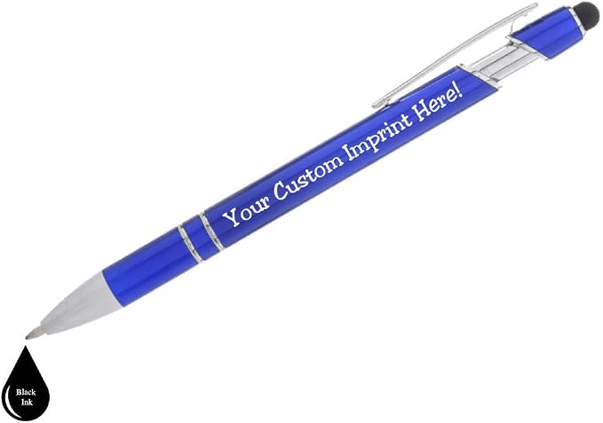 Personalized Pens with Stylus - The Legacy - Custom Metallic Printed Name Pens with Black Ink - Imprinted with Logo or Message - Great Gift Ideas - FREE PERSONALIZATION 12 pcs/pack (Blue)