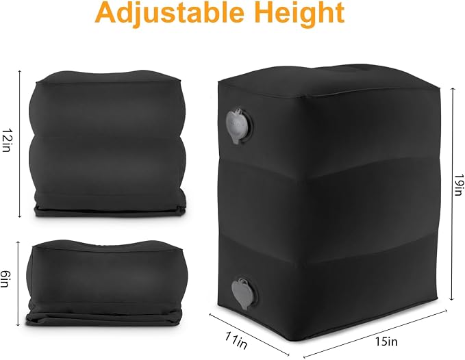 Maliton Inflatable Foot Rest Pillow, Airplane Travel Bed for Toddler, Car Seat Foot Rest for Kids, Adjustable Height Leg Rest Pillow for Airplane, Home, Office(Black, 2 Pack)