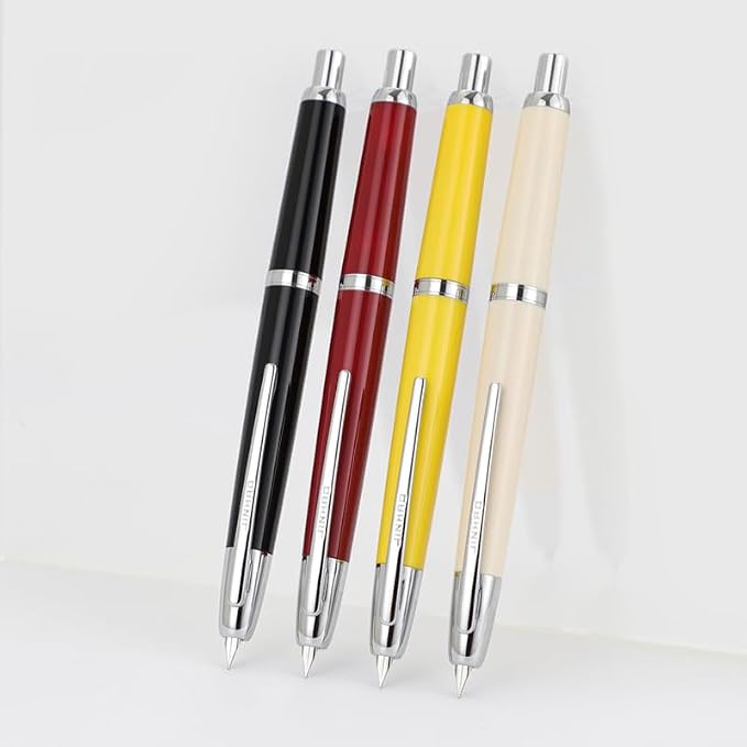 Jinhao 20 Press Fountain Pen, Ivory White Retractable Medium Nib with Ink Converter Set (Silver Clip)