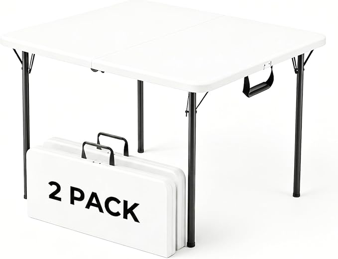 36" Square Folding Table 2 Pack, Portable Card Table with Built-in Handle, Heavy Duty Foldable Table No Assembly, for Camping, Picnic, BBQ, Party, Indoor Outdoor Use, White