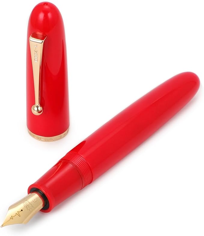 Jinhao 9019 DaDao Series Fountain Pen, Size 8 Fine Heartbeat Nib with Large Ink Converter, Bright Red Acrylic Design Smooth Writing Pen (Gold Trim)