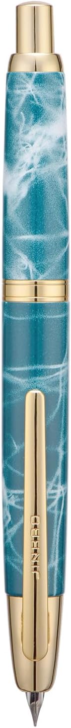 Jinhao 10 Press Fountain Pen with Box, Marble Blue Retractable Extra Fine Nib with Ink Converter Set (Golden Clip)