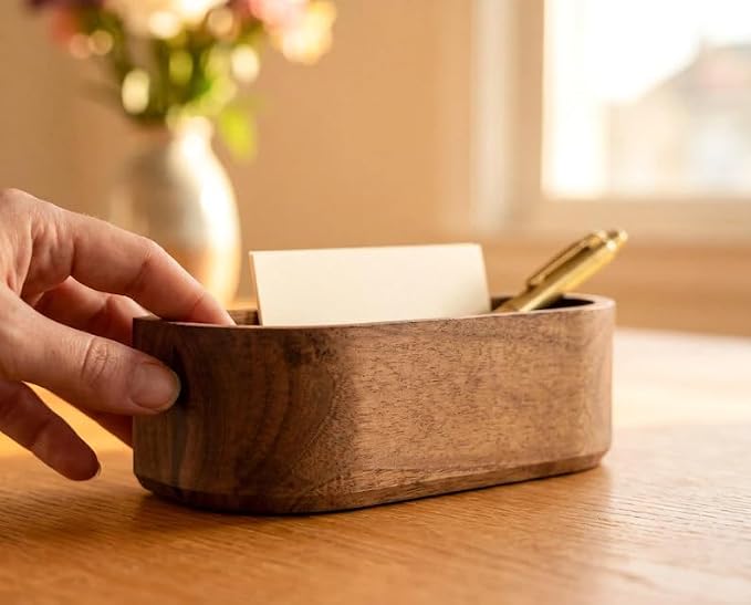 Natural Walnut Wood Desk Caddy, Minimalist Open Storage Organizer Tray for Business Cards Pens Small Office Desktop Accessories, Mid-Century Tabletop Wooden Catchall Holder for Home Office Workspace