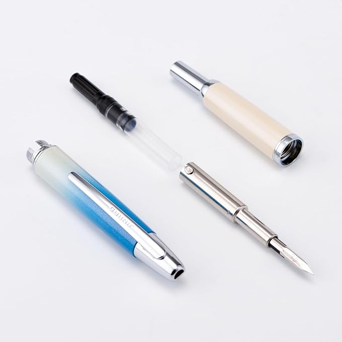 Jinhao 10 Press Fountain Pen with Box, Gradient Blue Retractable Extra Fine Nib with Ink Converter Limited Edition Set (Silver Clip)