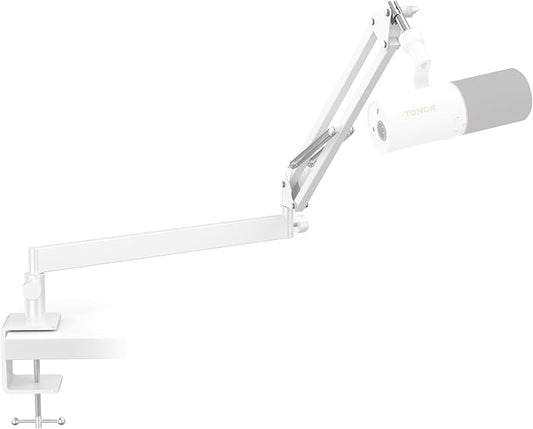 Tonor Mic Arm Desk Mount, Low Profile Boom Arm for Microphone, Adjustable Mic Stand with Desk Mount Clamp, 3/8’’ and 5/8’’ Screwadapter for Most Micr, 38 cm +35 cm(15''+14''), White, T20LP