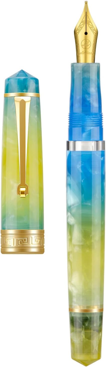Asvine P20 Gradual Yellow Piston Fountain Pen, Iridium Fine Nib Gold Trim Smooth Writer Collection Resin Pen with Case Set